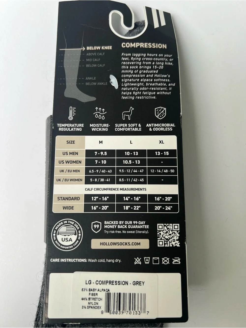 Baby Alpaca Hollow Compression Socks Gray Skiing Performance USA L
